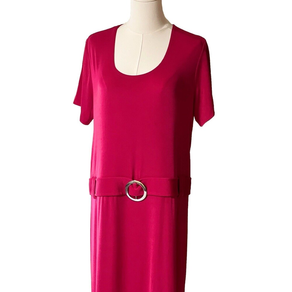 Slinky Brand HSN Dress Large Pink Sheath Knit SS with Silver Buckle Accent  NWT